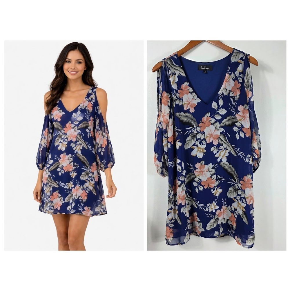 Lulus Floral Cold Shoulder Split Sleeve Shift Dress S Womens FairycoreBlue‎
